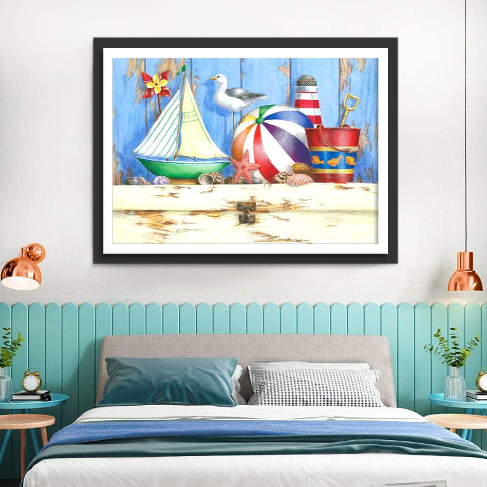 Meeuw, Zeester en Schelpen, Strandspullen Diamond Painting