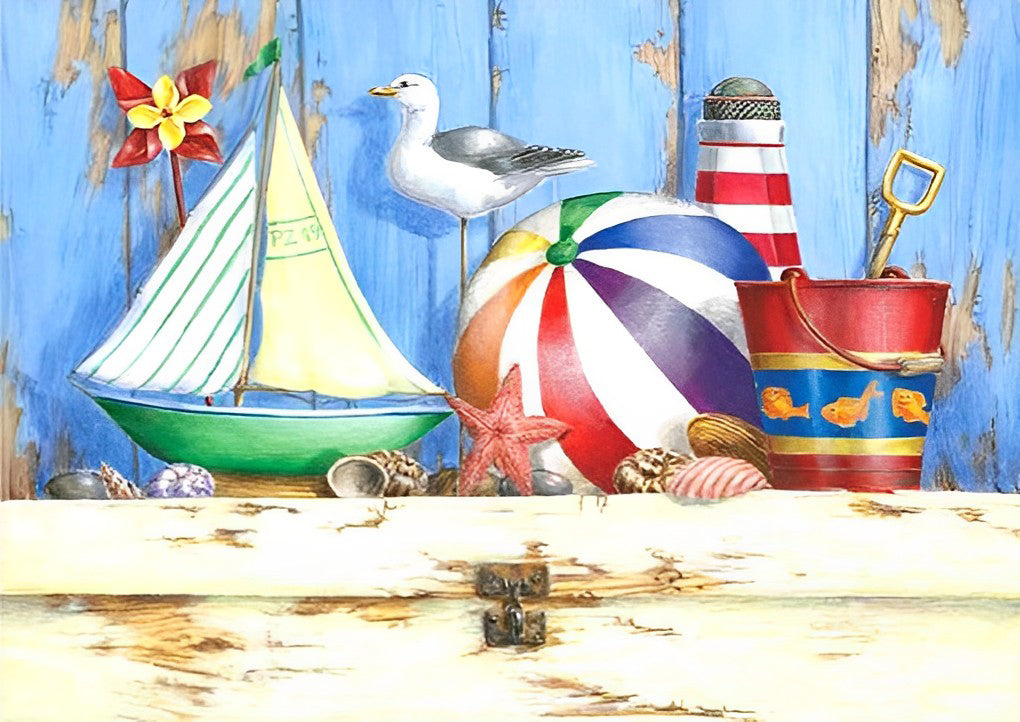 Meeuw, Zeester en Schelpen, Strandspullen Diamond Painting