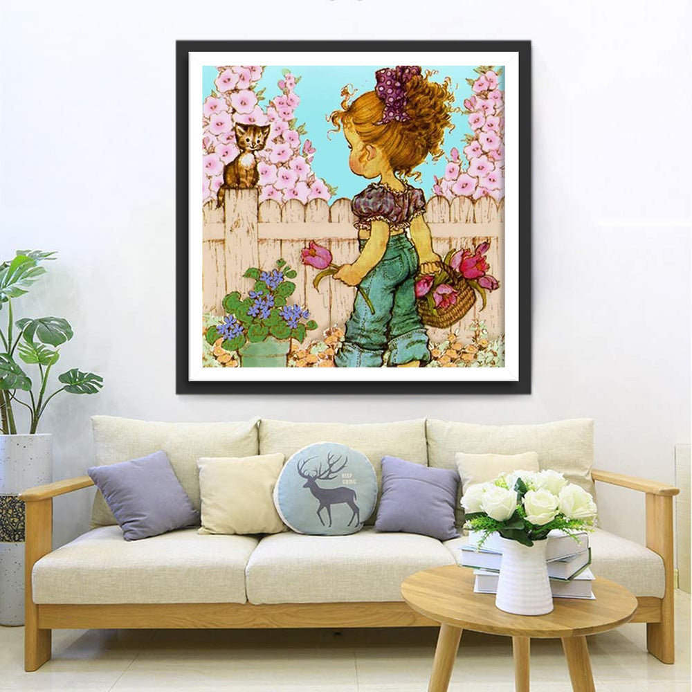 Meisje met Gekruld Haar en Bloemenmandje Kijkt naar Kat achter Hek Diamond Painting