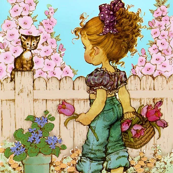 Meisje met Gekruld Haar en Bloemenmandje Kijkt naar Kat achter Hek Diamond Painting