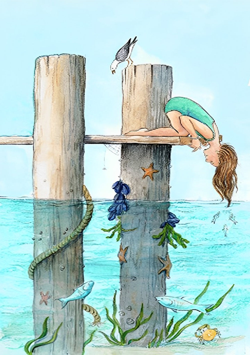 Meisje op Buik over Pijler met Vogeltje en Zeedieren in Water Diamond Painting