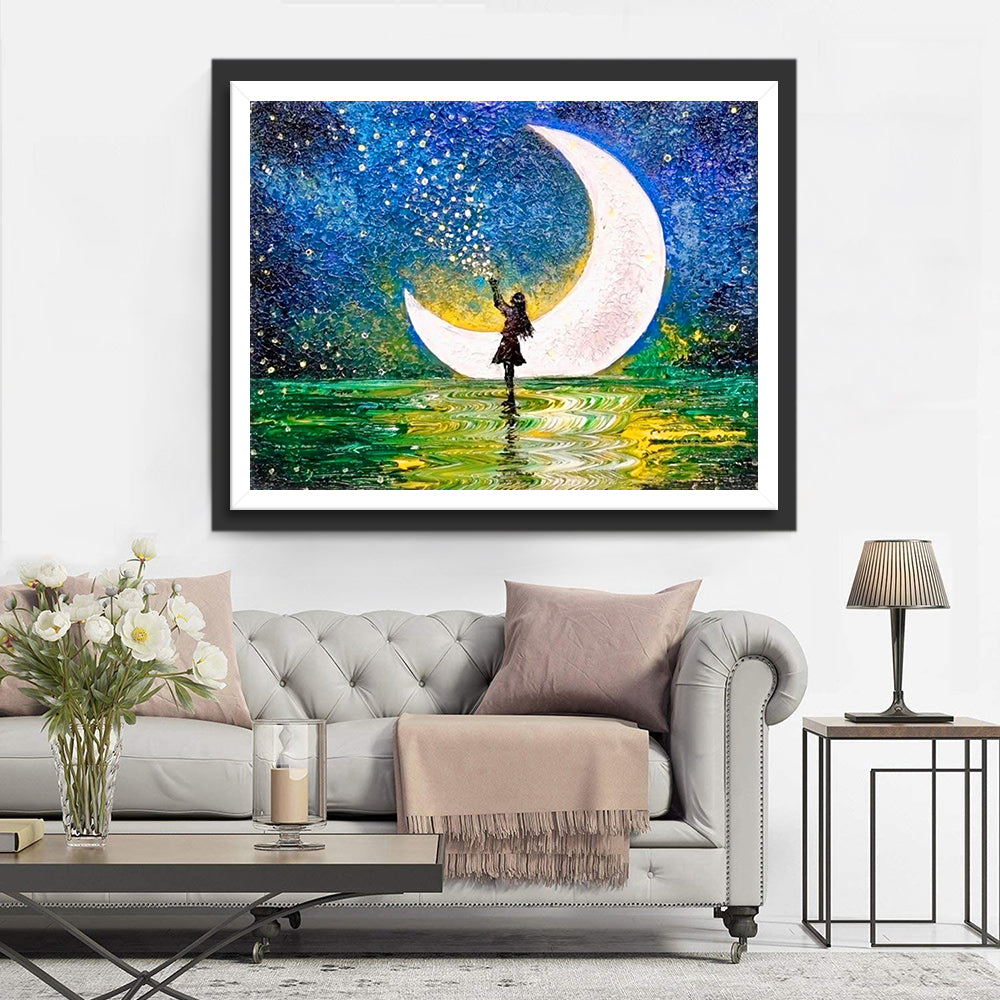 Meisje Reikt naar de Sterren bij de Maan Diamond Painting