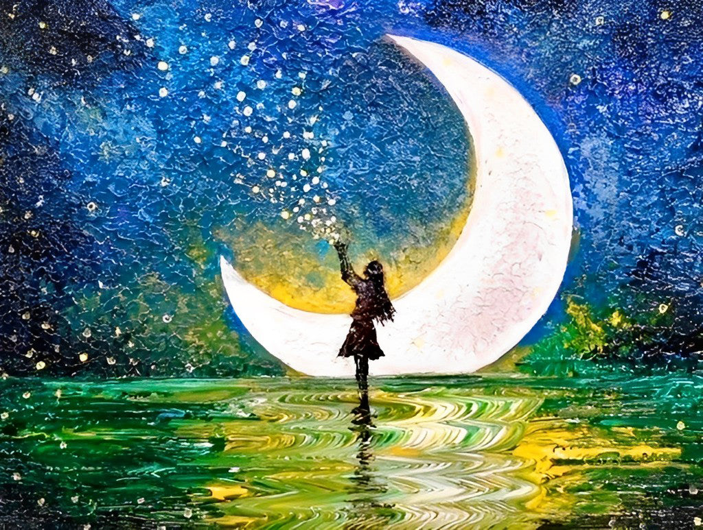 Meisje Reikt naar de Sterren bij de Maan Diamond Painting