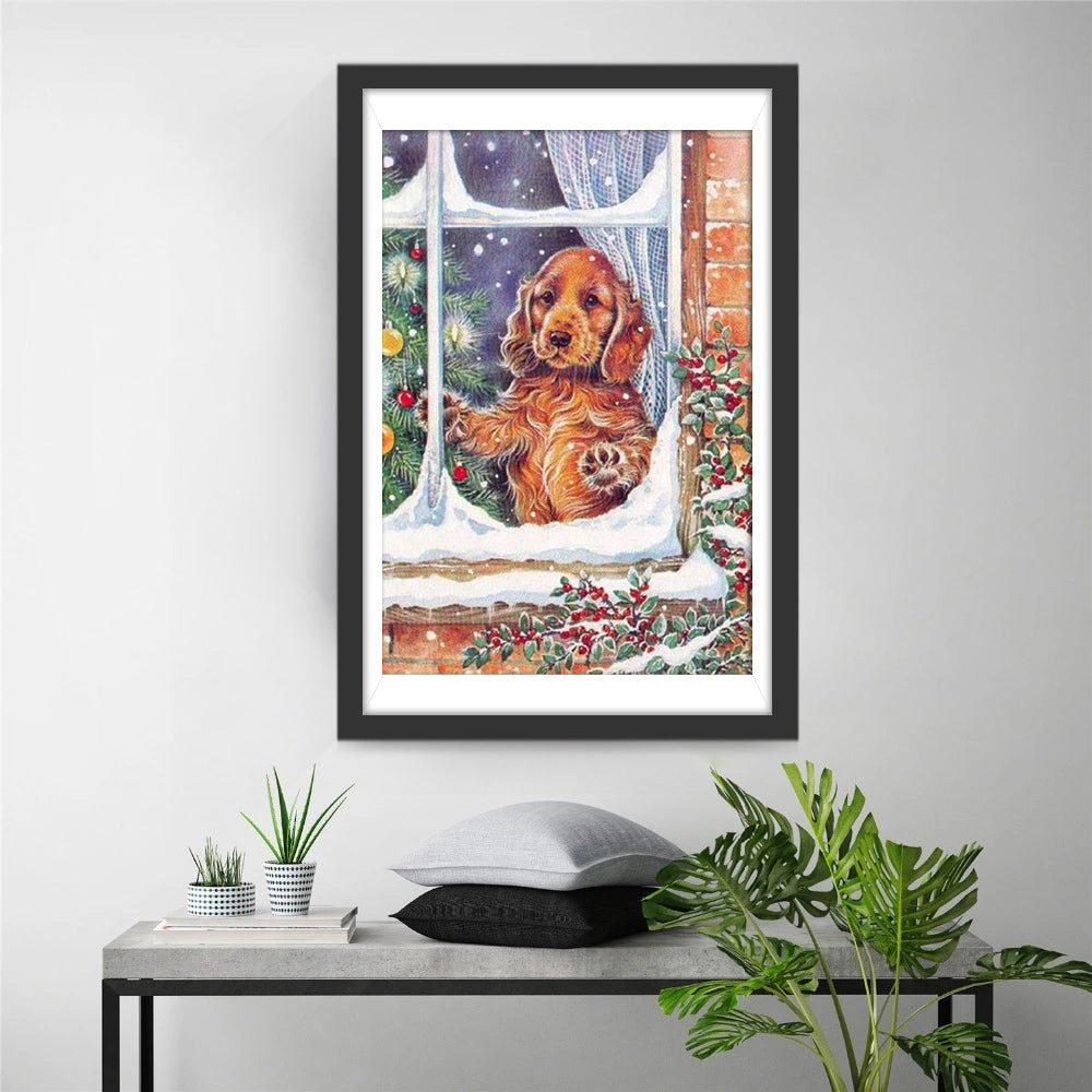Melancholieke Hond in Winterse Raamscène Diamond Painting