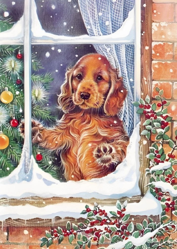 Melancholieke Hond in Winterse Raamscène Diamond Painting