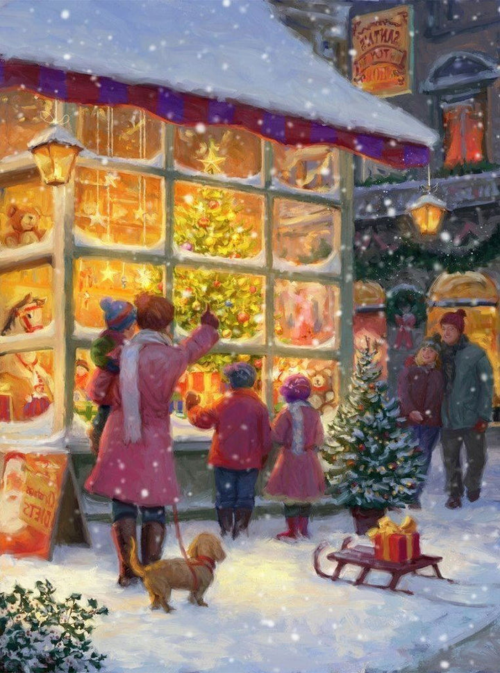 Mensen en Kind bij Kerstwinkel met Cadeaus Diamond Painting