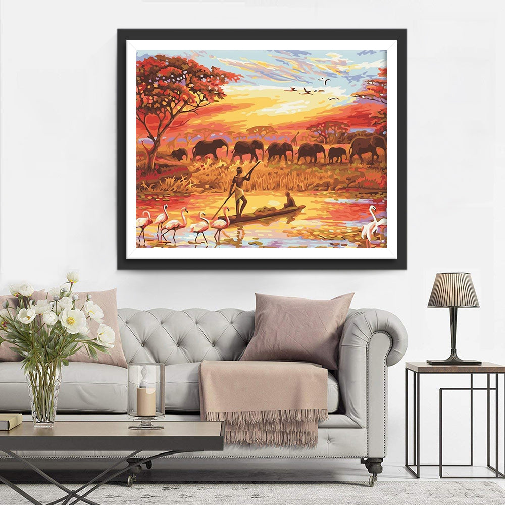 Mensen Roeien op het Meer en Olifanten Lopen Langs de Oever Diamond Painting