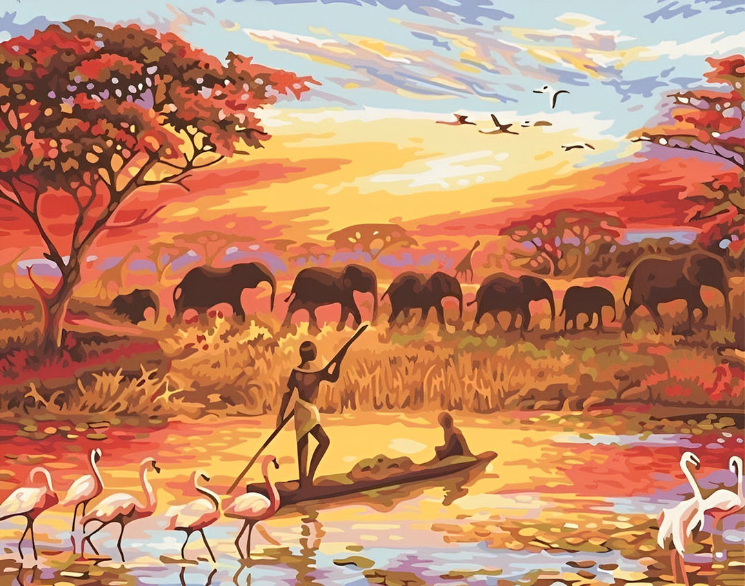 Mensen Roeien op het Meer en Olifanten Lopen Langs de Oever Diamond Painting