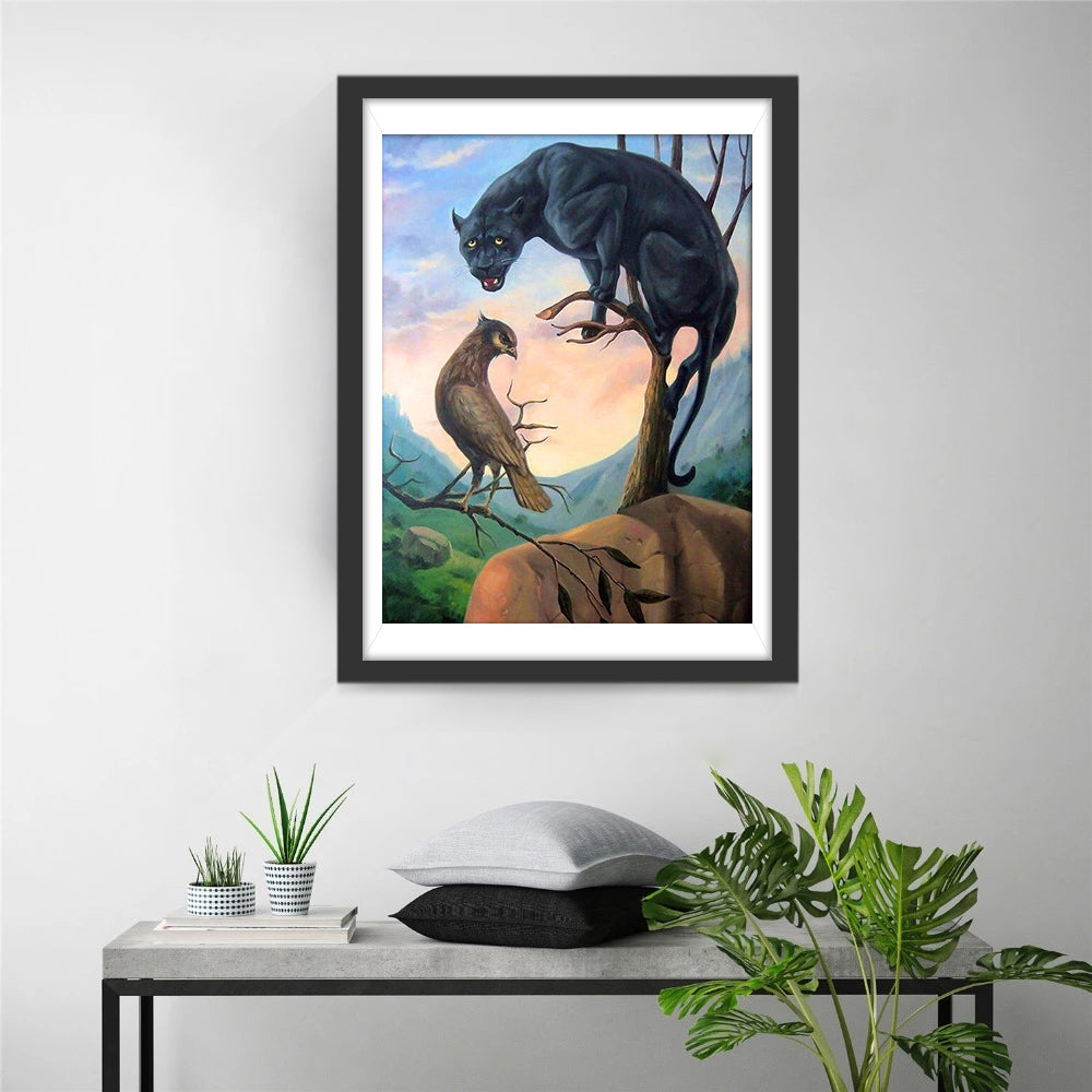 Metaphorisch Betekenisvol Gezelschap van Jaguar en Uil op Boom bij Dageraad Diamond Painting