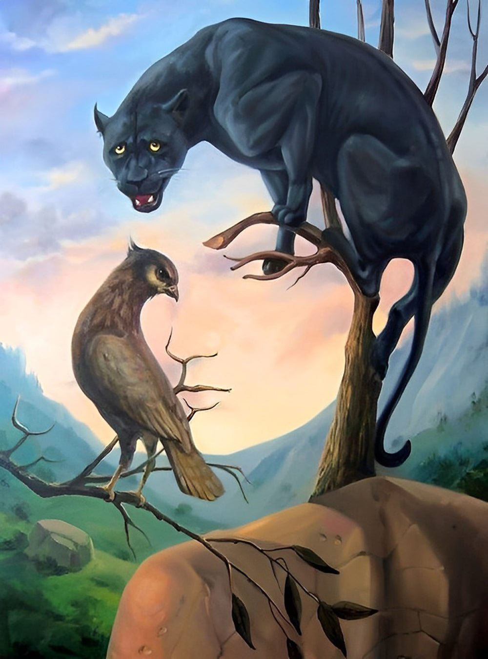 Metaphorisch Betekenisvol Gezelschap van Jaguar en Uil op Boom bij Dageraad Diamond Painting