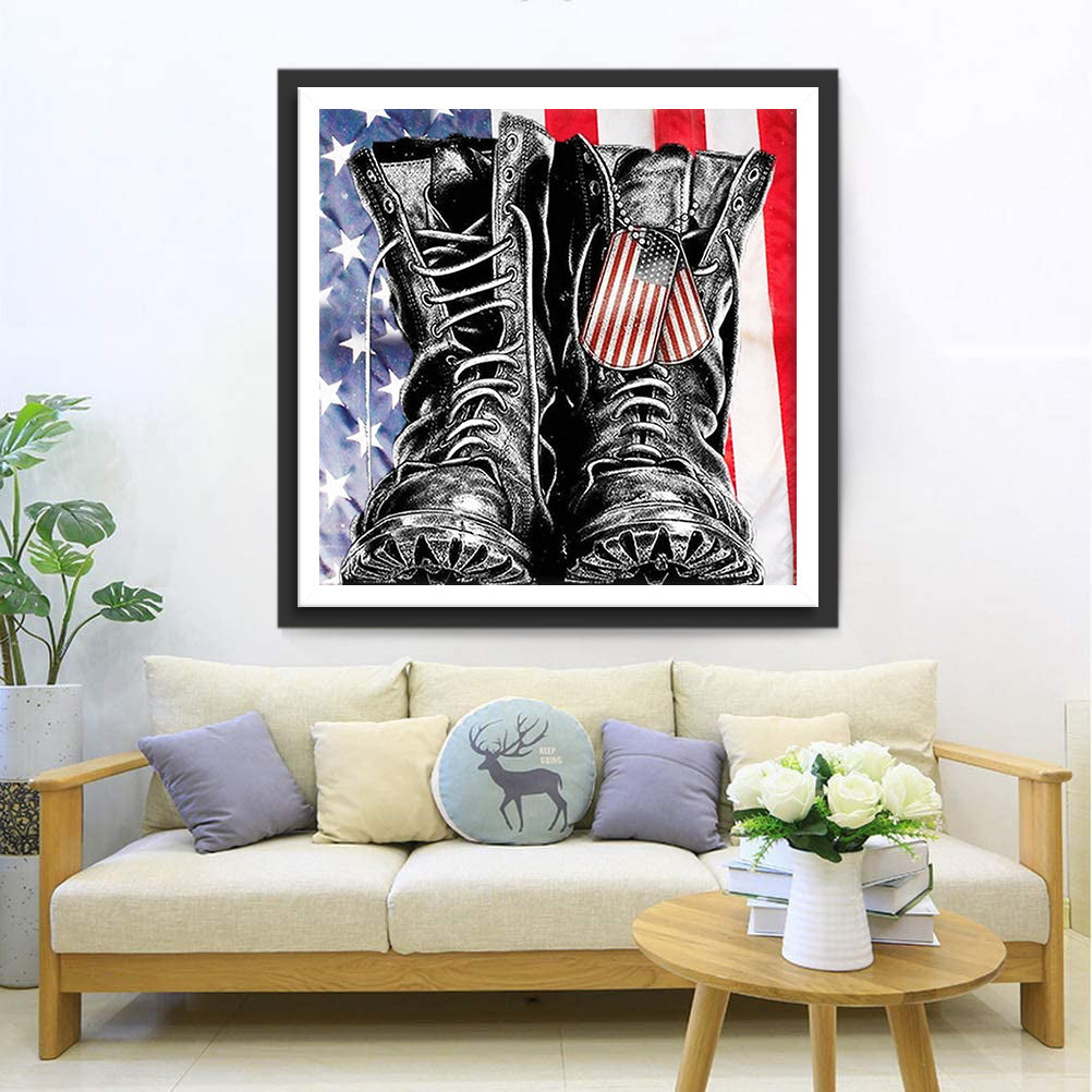 Militaire Laarzen en Identiteitsplaatje met de Amerikaanse Vlag Diamond Painting