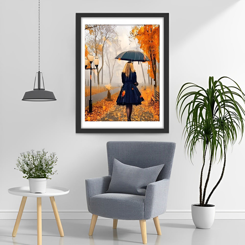 Mistige Herfstsfeer met Wandelende Vrouw en Paraplu Diamond Painting