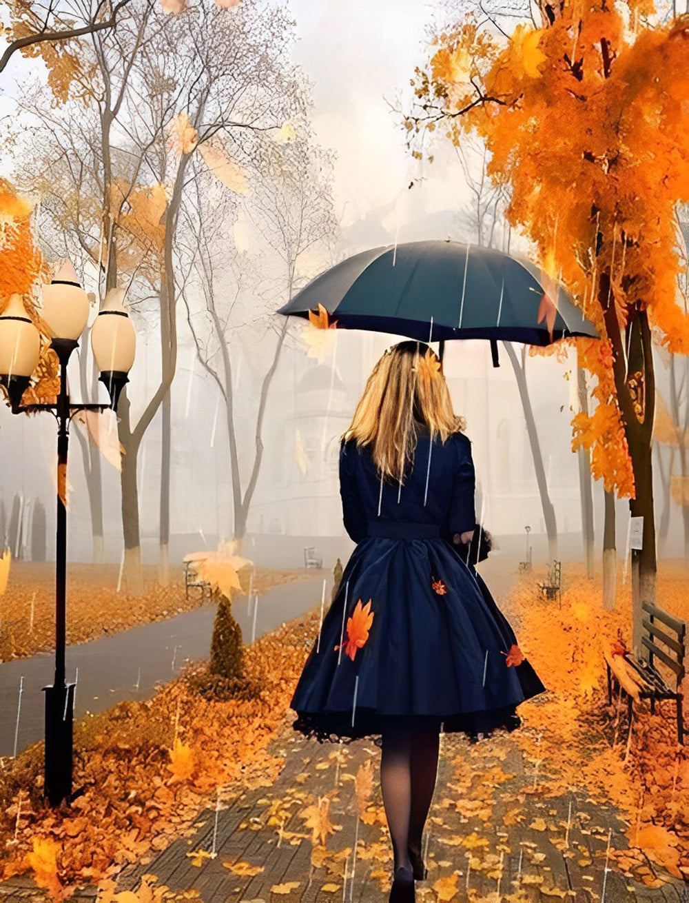 Mistige Herfstsfeer met Wandelende Vrouw en Paraplu Diamond Painting