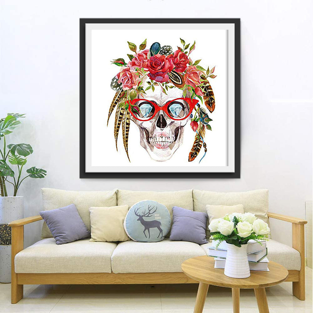 Modieuze Schedel met Rode Bril Diamond Painting