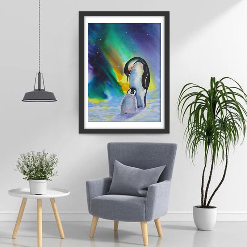 Moeder en Kind Pinguïns in het Noorderlicht Diamond Painting