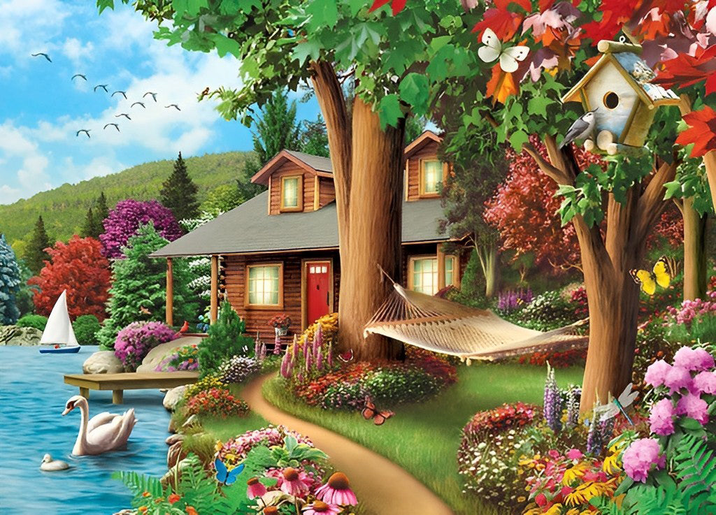 Mooi Huis in Bloemrijke Natuur Diamond Painting