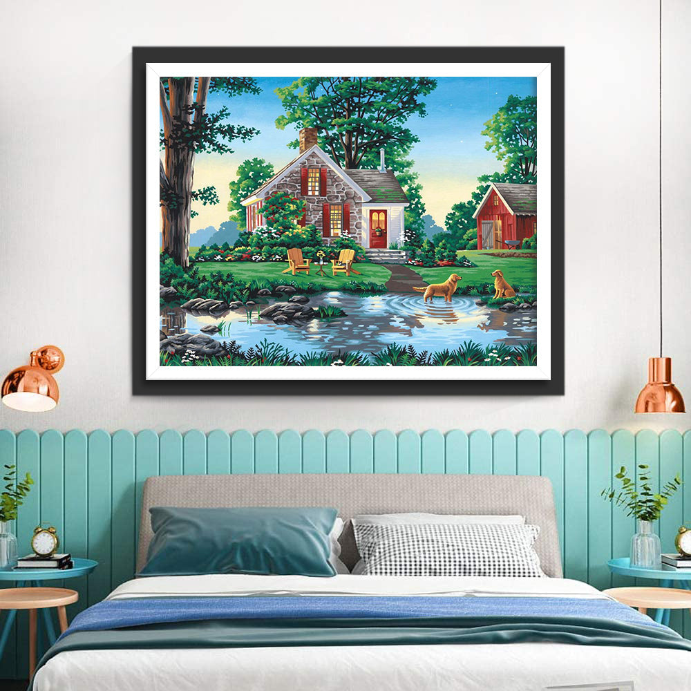 Mooi Landlevenbeeld met Knus Huis en Bloemenweide Diamond Painting