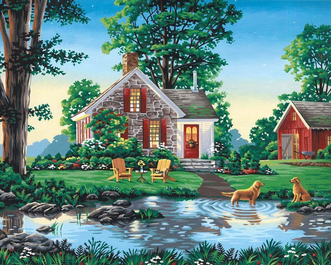 Mooi Landlevenbeeld met Knus Huis en Bloemenweide Diamond Painting