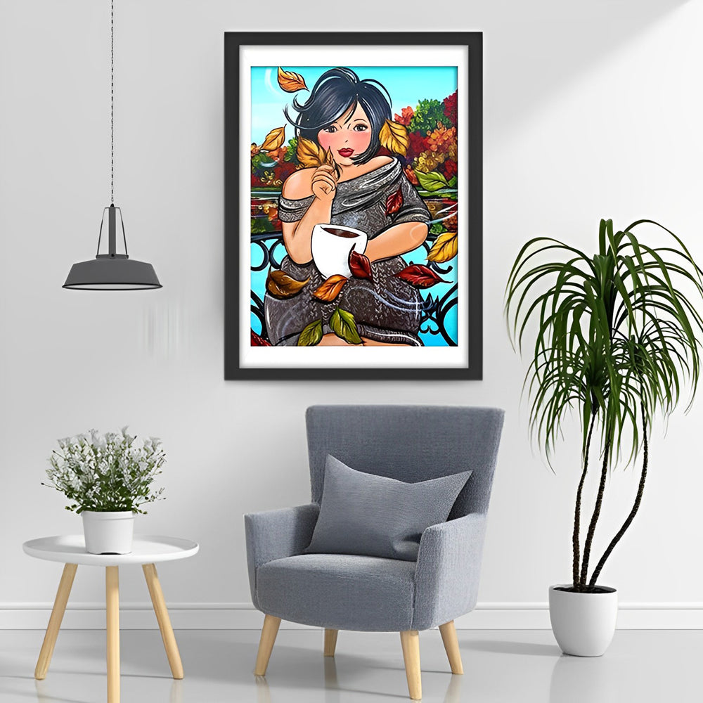 Mooie Vrouw met Koffie en Valende Bladeren Diamond Painting