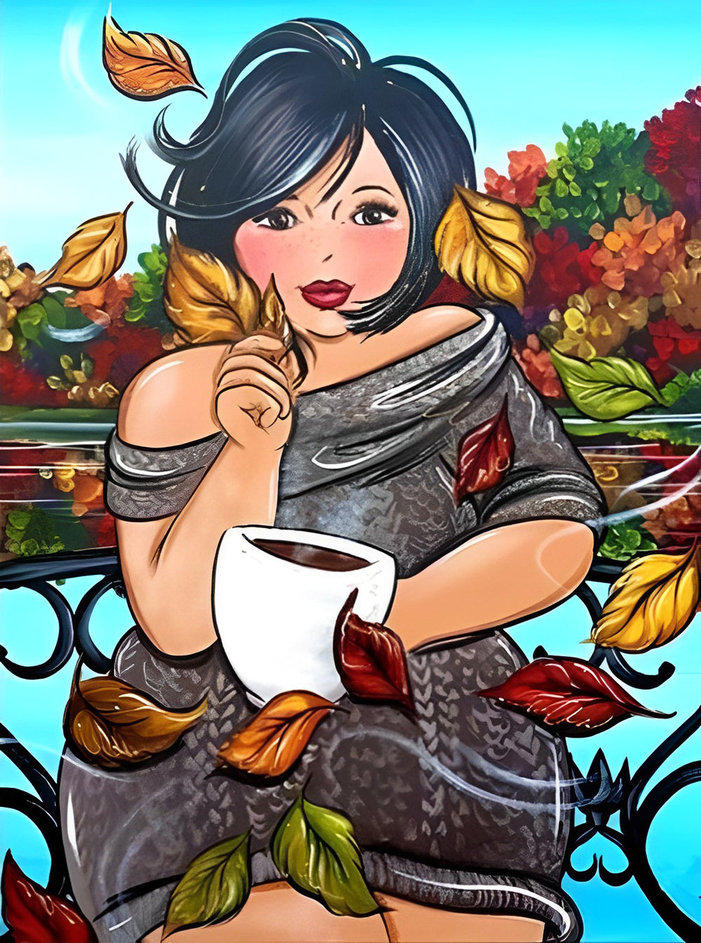 Mooie Vrouw met Koffie en Valende Bladeren Diamond Painting