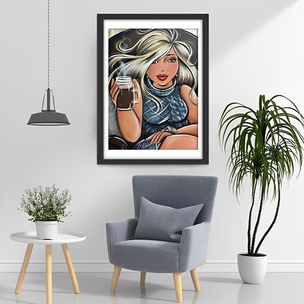 Mooie Vrouw met Koffiebeker, Haar Waaiend in de Wind Diamond Painting