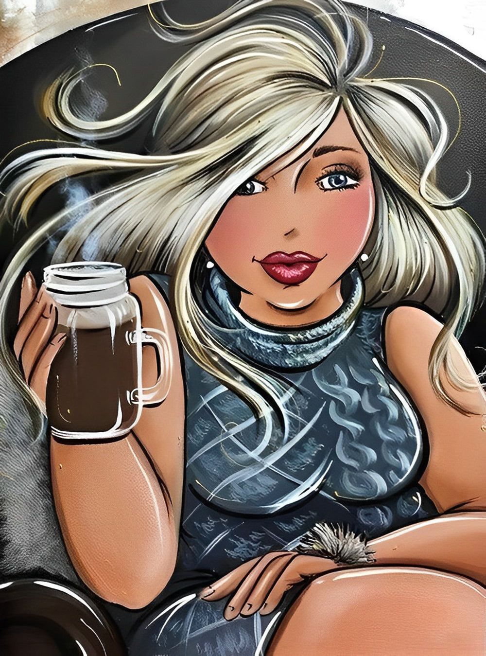 Mooie Vrouw met Koffiebeker, Haar Waaiend in de Wind Diamond Painting
