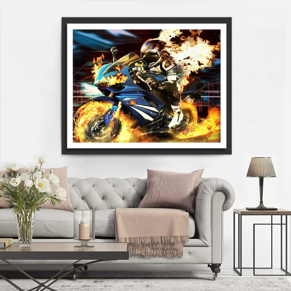 Motorrijder met Vlammen op Racemotor Diamond Painting