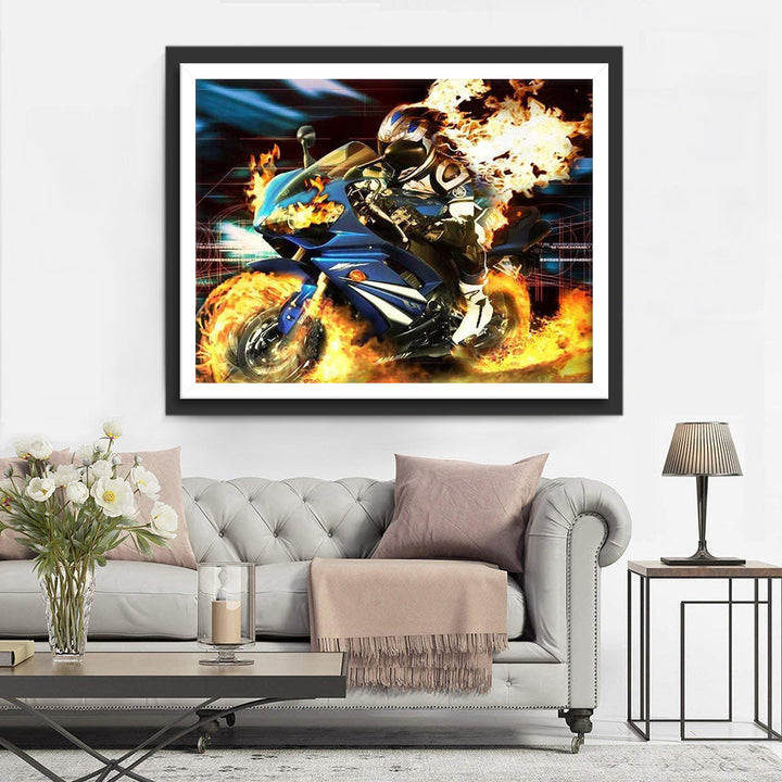Motorrijder met Vlammen op Racemotor Diamond Painting