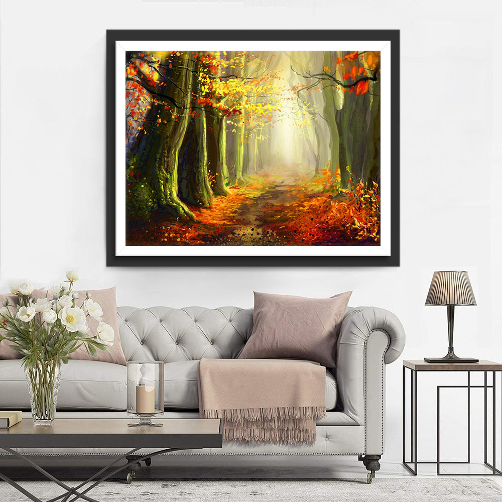 Mysterieus Woudpad in de Goudgele Herfstmist Diamond Painting