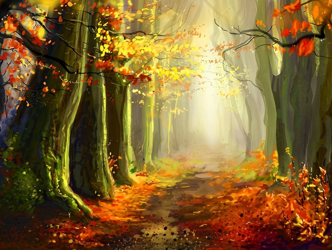 Mysterieus Woudpad in de Goudgele Herfstmist Diamond Painting