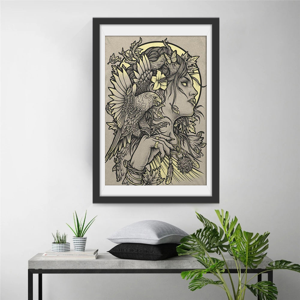 Mystieke Vrouw met Vogel en Bladeren Diamond Painting