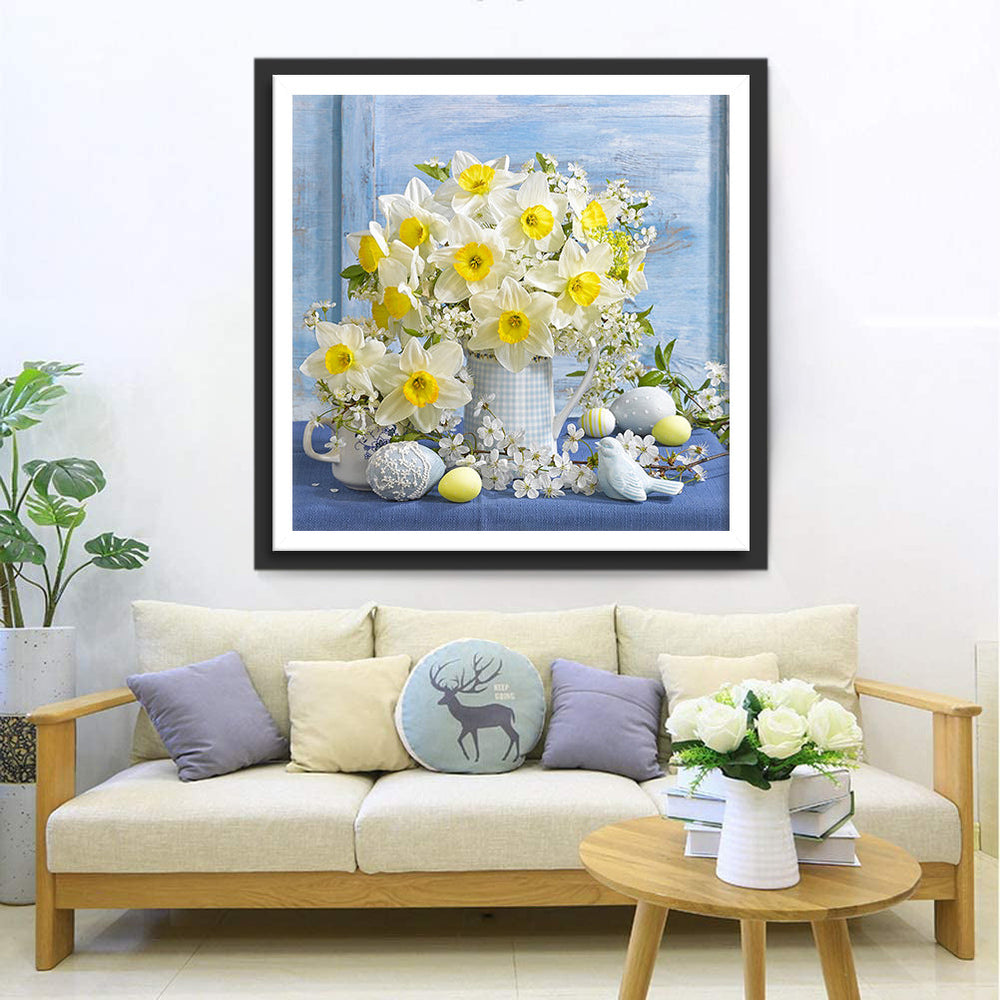 Narcissen en Lentebloesems in een Blauw Tafereel Diamond Painting