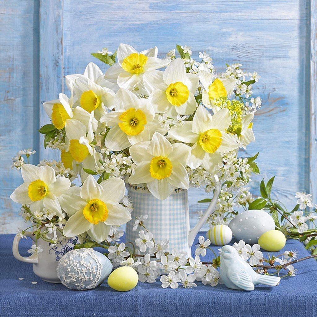 Narcissen en Lentebloesems in een Blauw Tafereel Diamond Painting