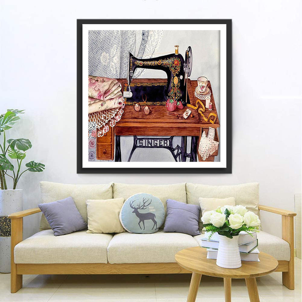 Nostalgische Naaimachine-tafel met Handwerkspullen Diamond Painting