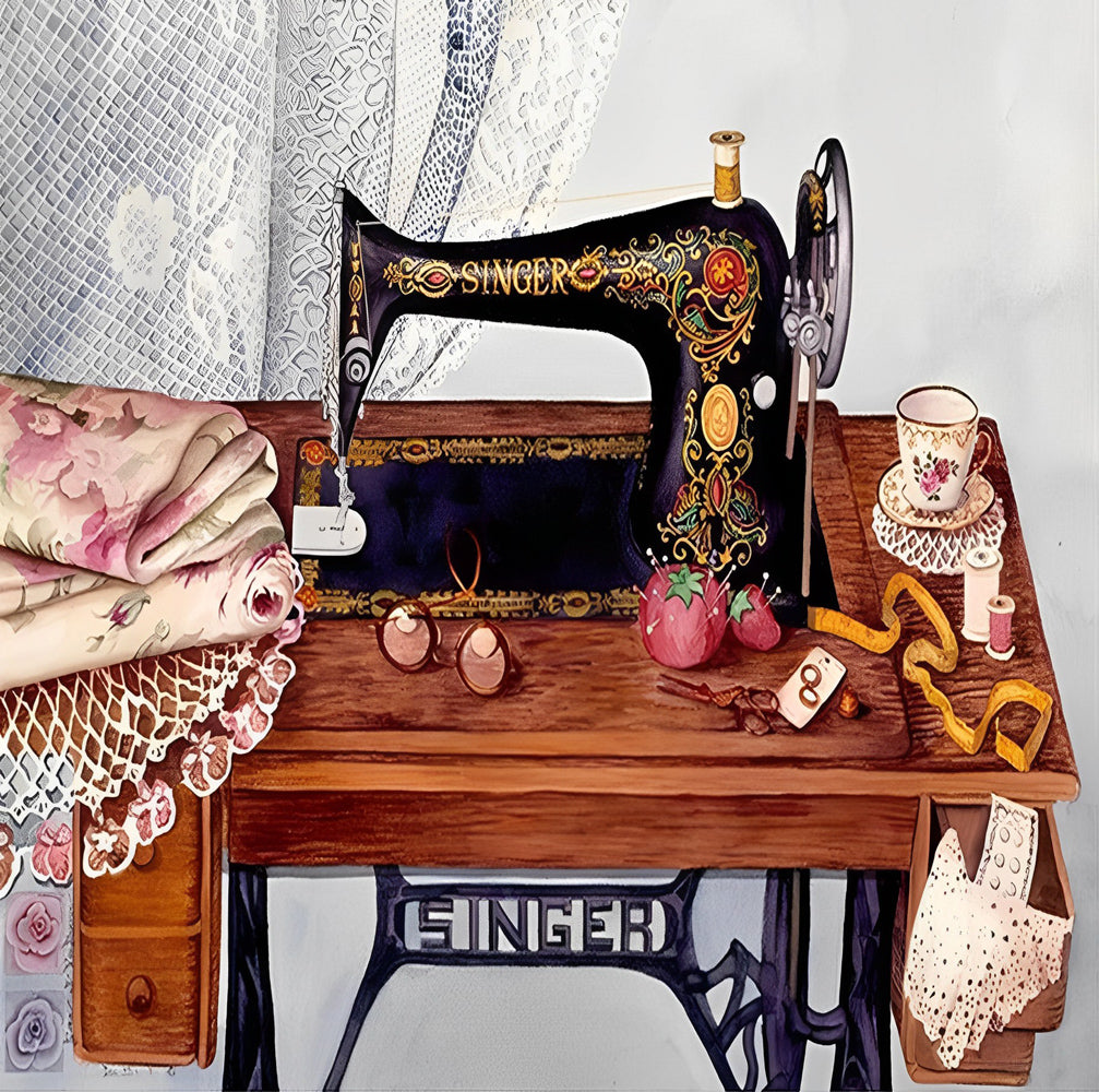 Nostalgische Naaimachine-tafel met Handwerkspullen Diamond Painting