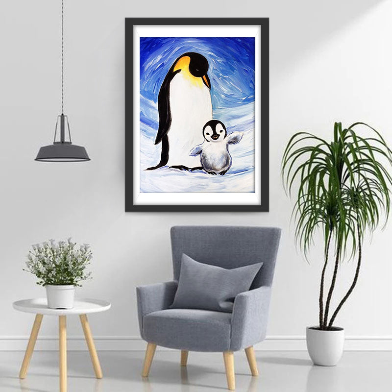 Olieverfstijl De Pinguïn Kijkt naar zijn Baby Diamond Painting