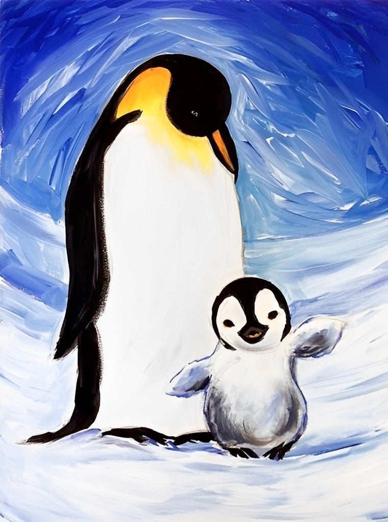Olieverfstijl De Pinguïn Kijkt naar zijn Baby Diamond Painting