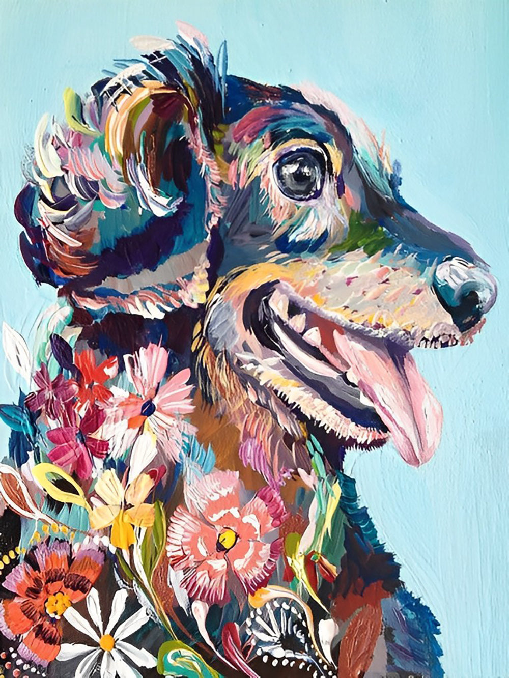 Olieverfstijl Hond met Bloemen Erop Diamond Painting