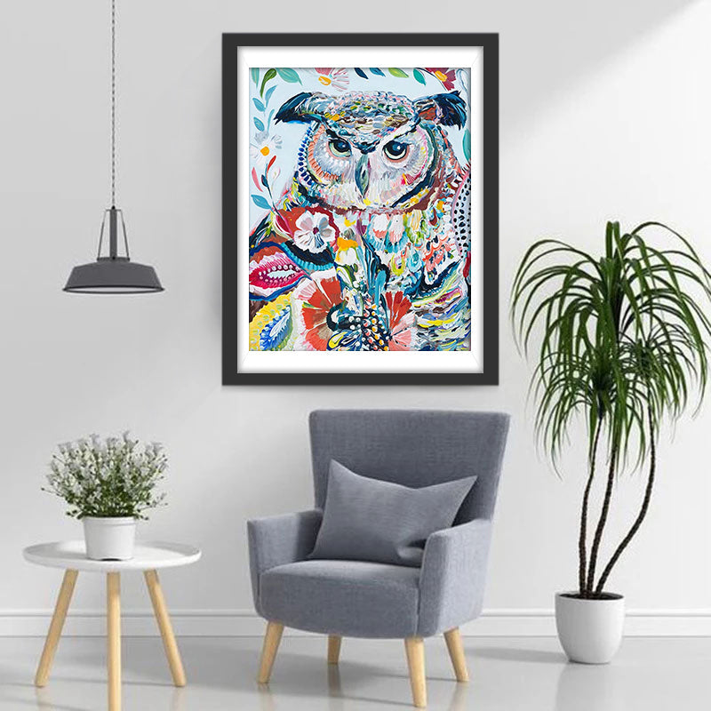 Olieverfstijl Kleurrijke Bloemmotieven en Uil Diamond Painting