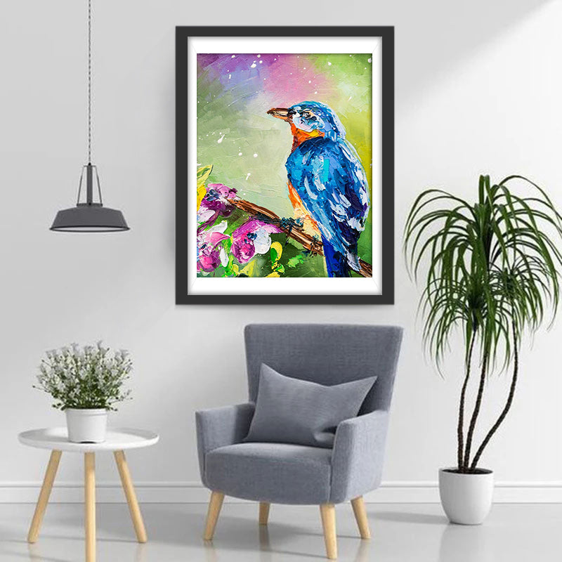 Olieverfstijl Kolibrie op een Tak naast de Bloemen tegen een Kleurrijke Achtergrond Diamond Painting
