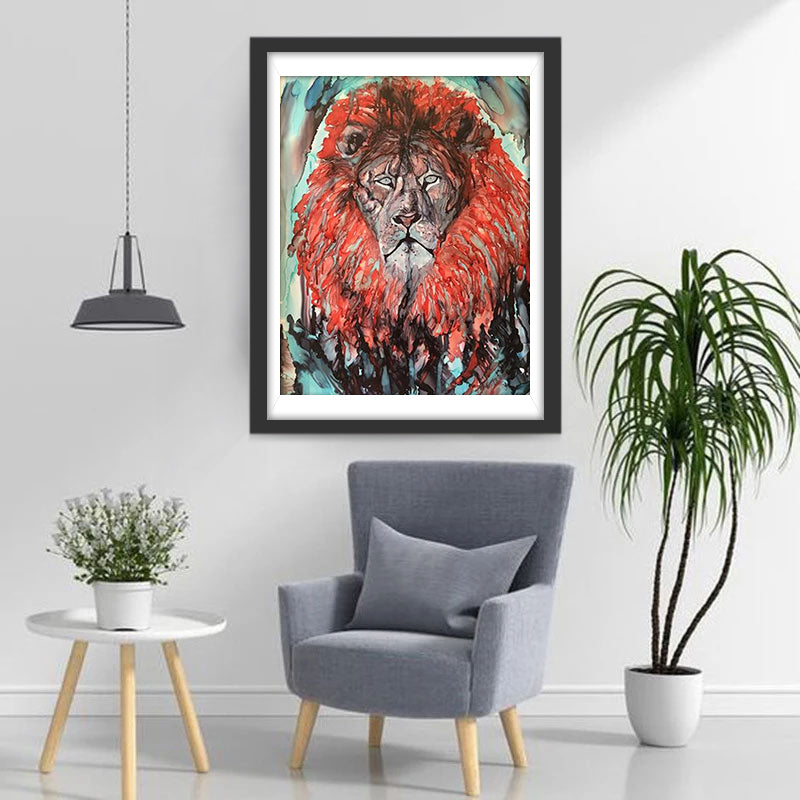 Olieverfstijl Leeuw met Rode Vacht Diamond Painting