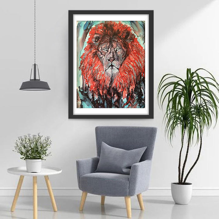 Olieverfstijl Leeuw met Rode Vacht Diamond Painting