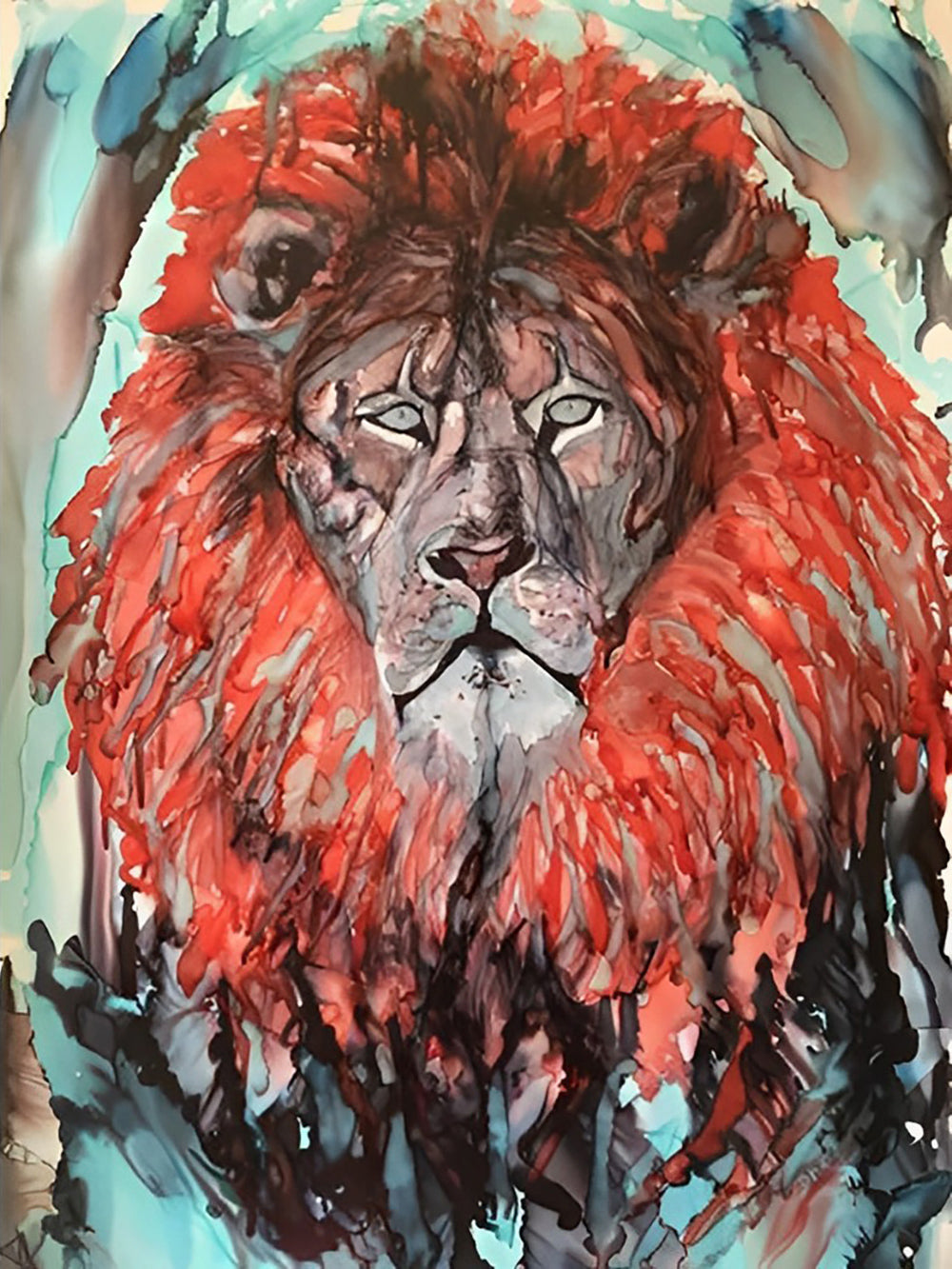 Olieverfstijl Leeuw met Rode Vacht Diamond Painting