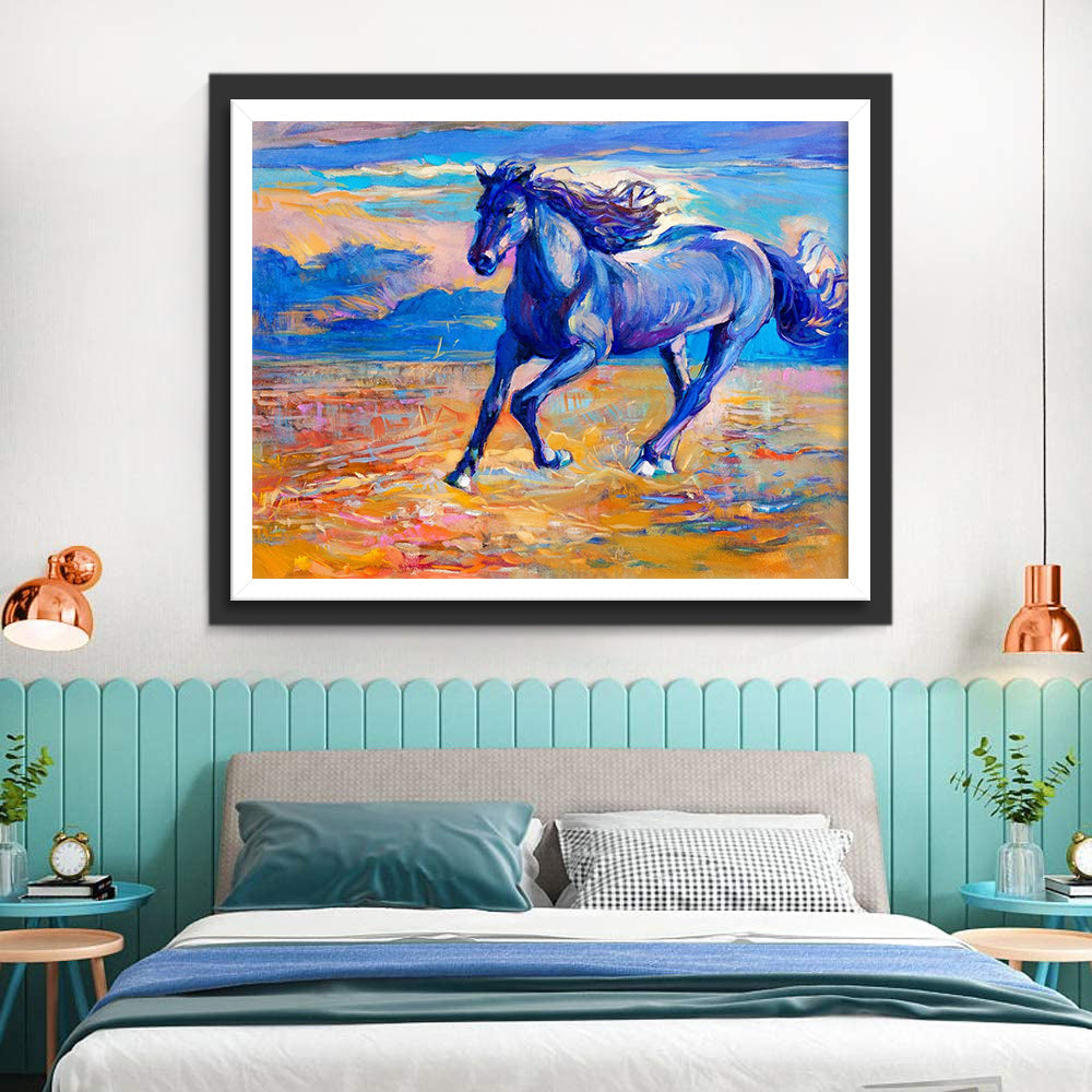 Olieverfstijl Rennend Blauw Paard Diamond Painting
