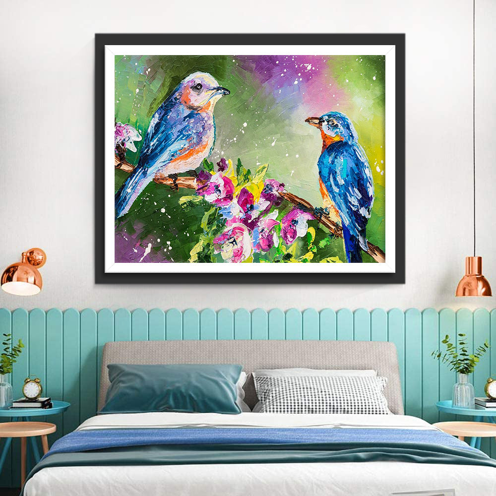 Olieverfstijl Twee Kolibries op een Tak met Paarse Bloemen Diamond Painting