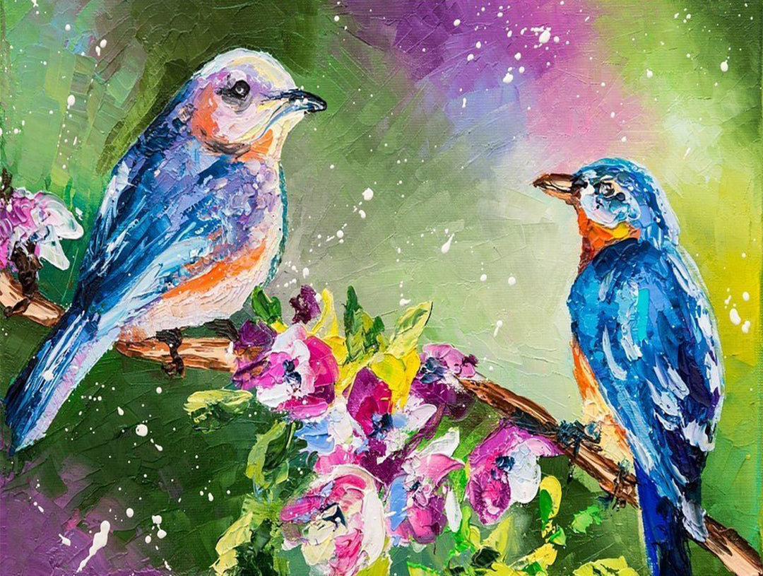 Olieverfstijl Twee Kolibries op een Tak met Paarse Bloemen Diamond Painting