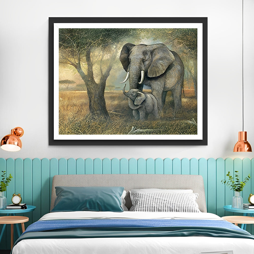 Olifant en Babyolifant in het Bos Diamond Painting
