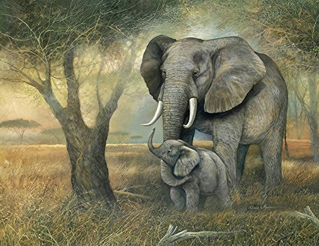 Olifant en Babyolifant in het Bos Diamond Painting
