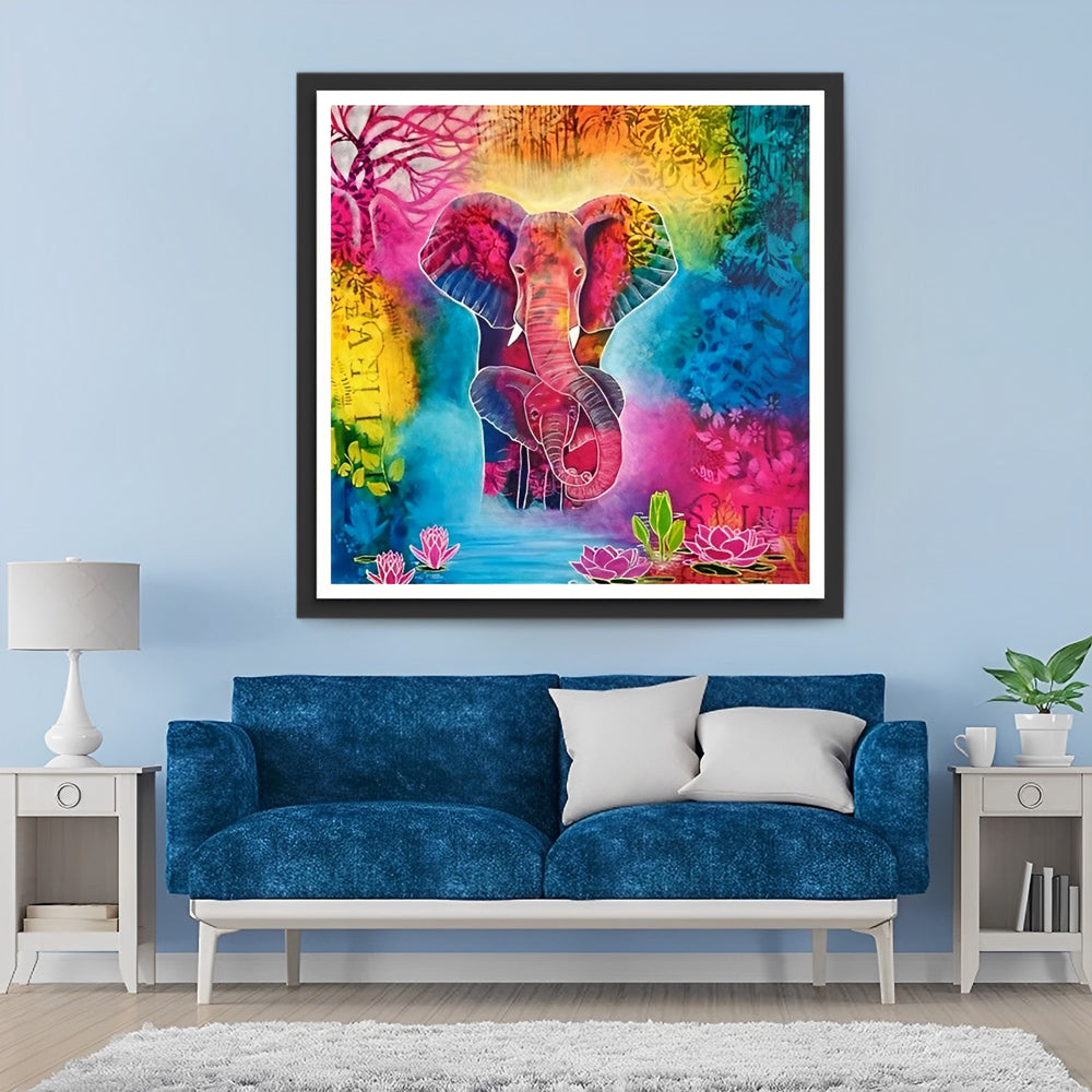 Olifant en Babyolifant in het Kleurrijke Bos Diamond Painting