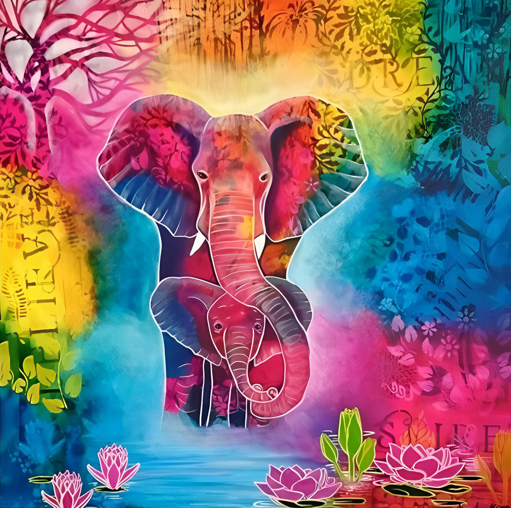 Olifant en Babyolifant in het Kleurrijke Bos Diamond Painting